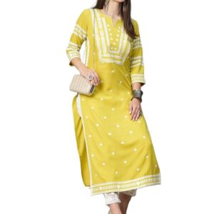 Lucknowi  Chickenkari Embroidered Short Kurtis, Tunic design(Yellow)