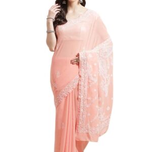 Handmade Chickenkari Saree With Unstitched Blouse(Peach)