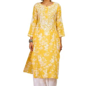 Cotton Blend Straight Chickenkari Kurti(Yellow)