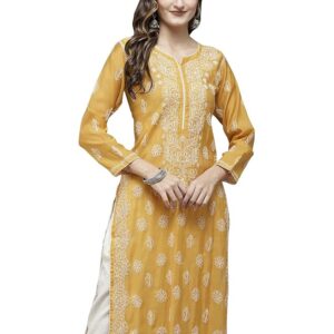 Cotton Blend Straight Chickenkari Kurti(Mustard)