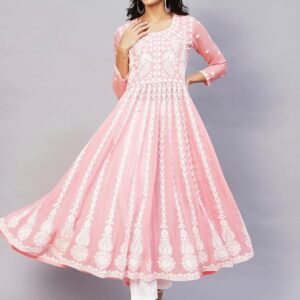 Georgette Chickenkari Embroidered Anarkali Kurti(Peach)