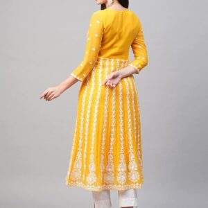 Women’s Georgette Chickenkari Anarkali Kurti(Yellow)