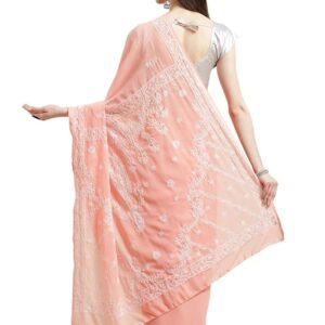 Handmade Chickenkari Saree With Unstitched Blouse(Peach)