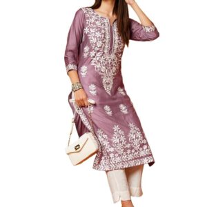 Cotton Blend Straight Chickenkari Kurti(Purple)