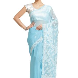 Women’s Georgette Chickenkari Saree with Unstitched Blouse Piece(Blue)