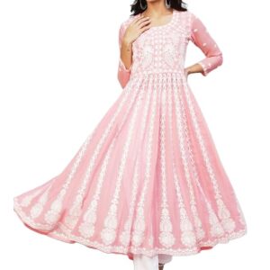 Georgette Chickenkari Embroidered Anarkali Kurti(Peach)