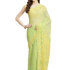 Handmade Chickenkari Saree With Unstitched Blouse(Green)