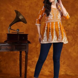 Chickenkari Georgette Short Kurti(Mustard)