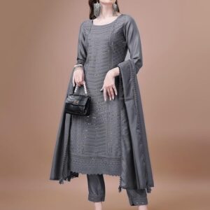 Lucknowi Embroidered Chickenkari Work Round Neck 3/4 Sleeve Straight Kurti with Pant set(Grey)