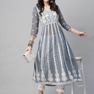 Georgette Chickenkari Embroidered Anarkali Kurti(Dark Grey)