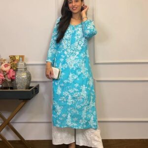 Cotton Blend Straight Chickenkari Kurti(Blue)