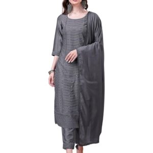 Lucknowi Embroidered Chickenkari Work Round Neck 3/4 Sleeve Straight Kurti with Pant set(Grey)