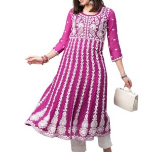 Chickenkari Anarkali Kurti(Dark Pink)