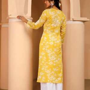 Cotton Blend Straight Chickenkari Kurti(Yellow)