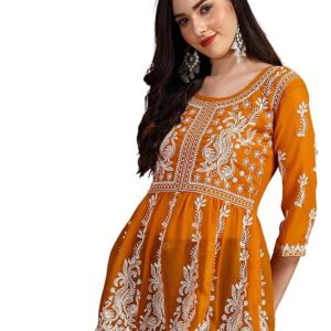 Chickenkari Georgette Short Kurti(Mustard)