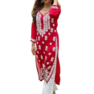 Cotton Blend Straight Chickenkari Kurti(Red)